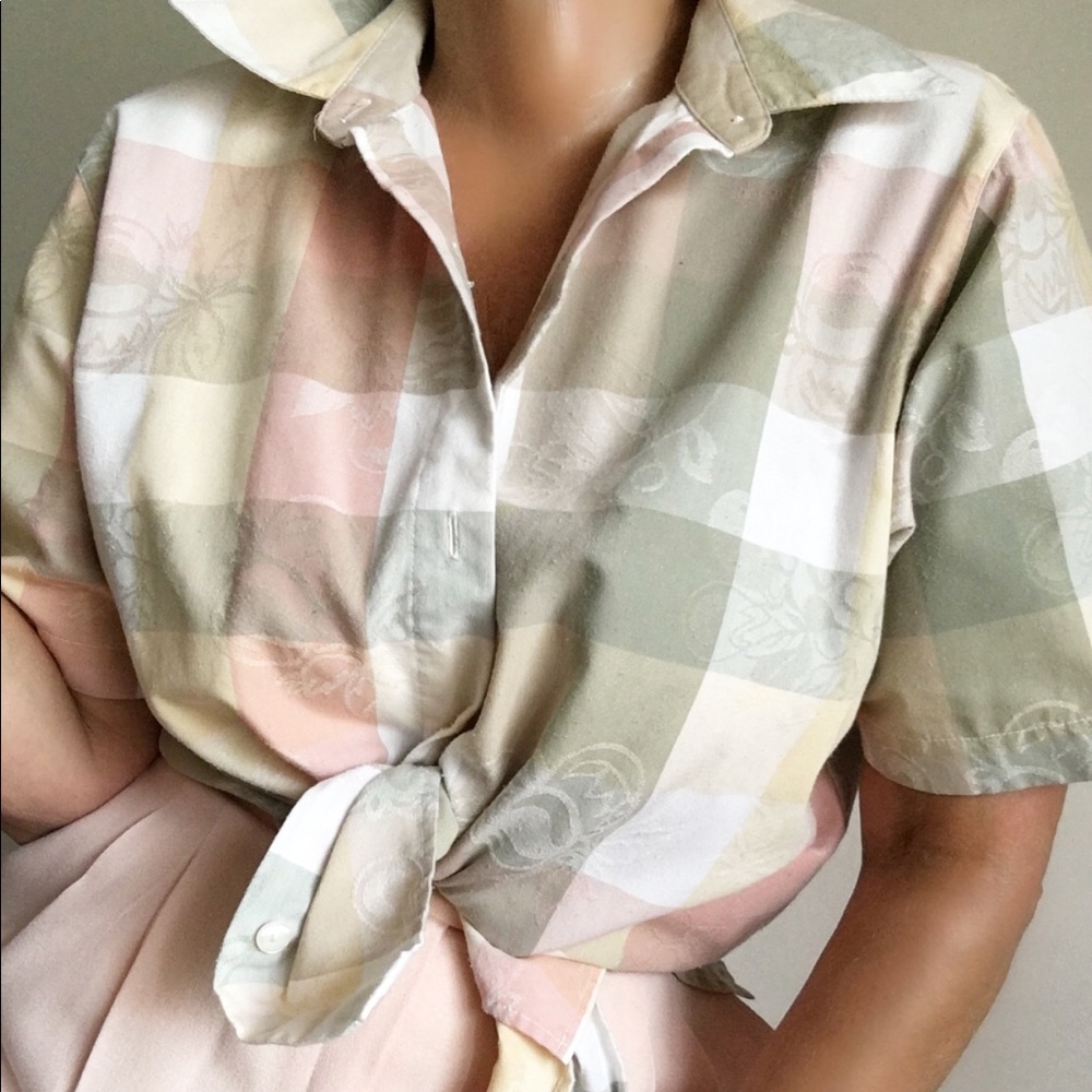 Vintage Pastel Checked Casual Checked Shirt Blouse